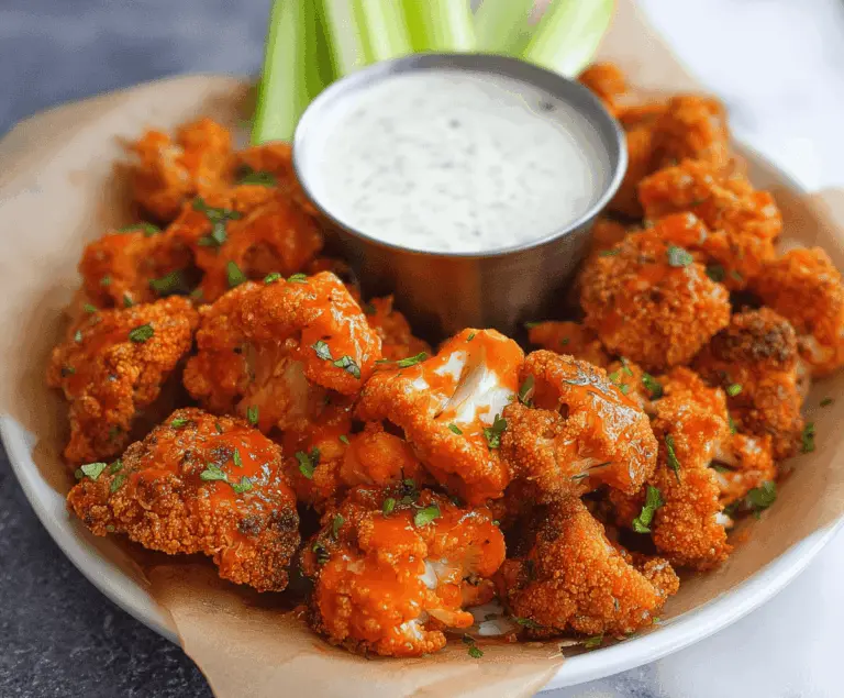 Crispy Air Fryer Buffalo Cauliflower bites served with celery sticks and ranch dipping sauce, perfect for a spicy vegetarian appetizer.