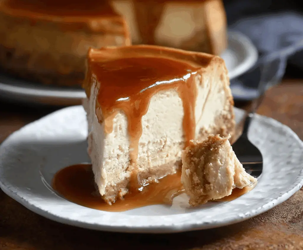 Creamy apple cider cheesecake topped with caramelized apples and a cinnamon graham cracker crust, perfect for fall desserts.