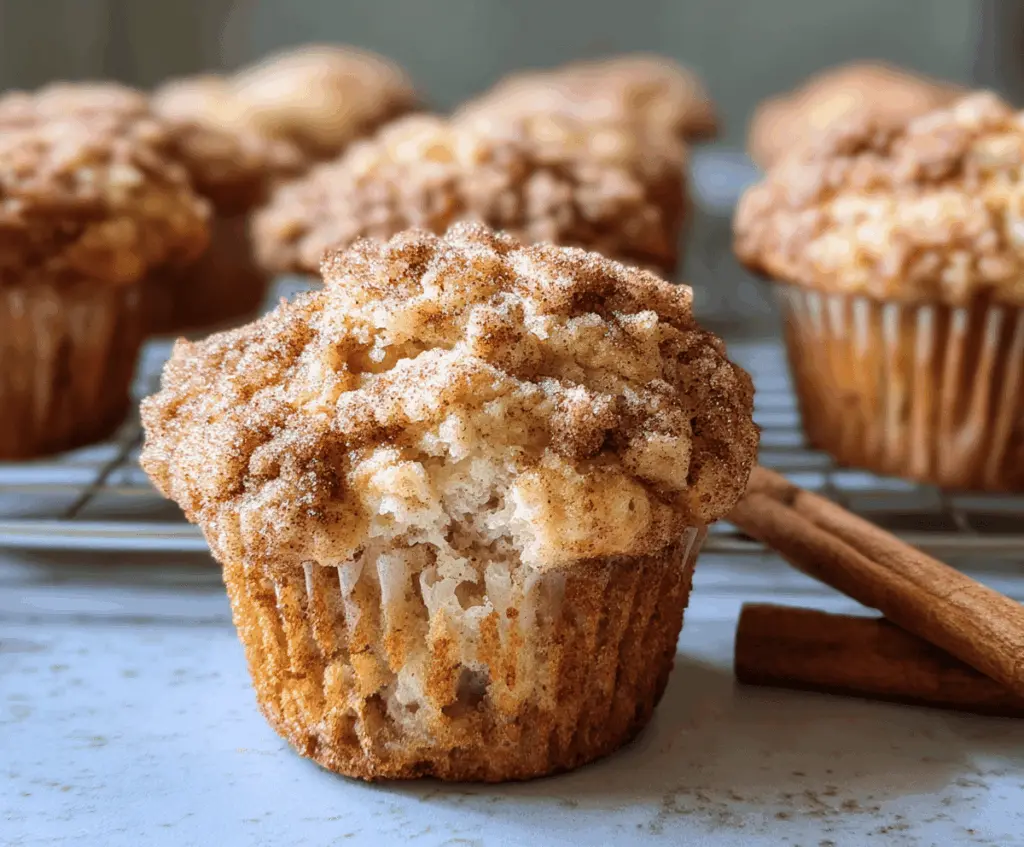 Freshly baked apple cinnamon muffins with a golden-brown top, showcasing slices of apple and a sprinkle of cinnamon on a white plate.