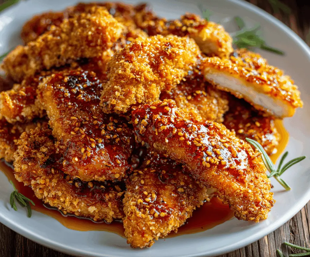 Delicious baked crunchy hot honey chicken served on a plate, topped with honey glaze and crispy coating, perfect for spicy and sweet flavor lovers