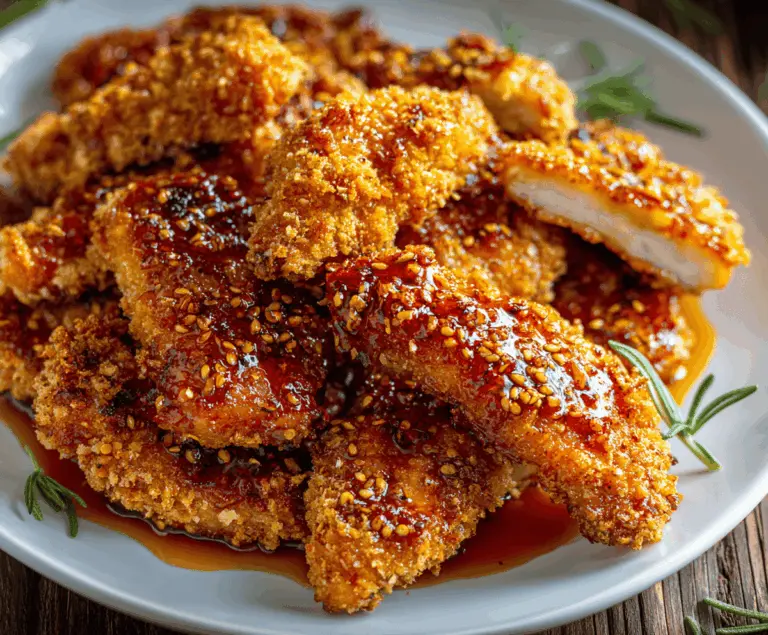 Delicious baked crunchy hot honey chicken served on a plate, topped with honey glaze and crispy coating, perfect for spicy and sweet flavor lovers