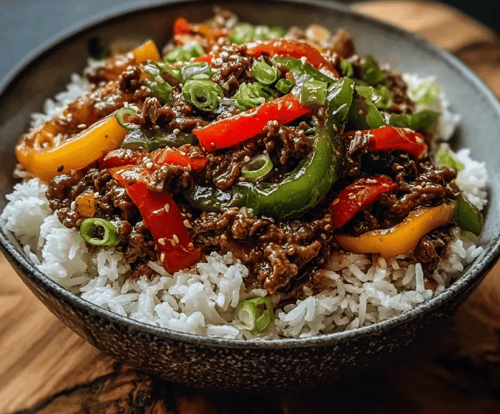 Delicious beef and pepper rice bowl topped with fresh herbs, served in a white ceramic bowl, perfect for a flavorful and satisfying meal.