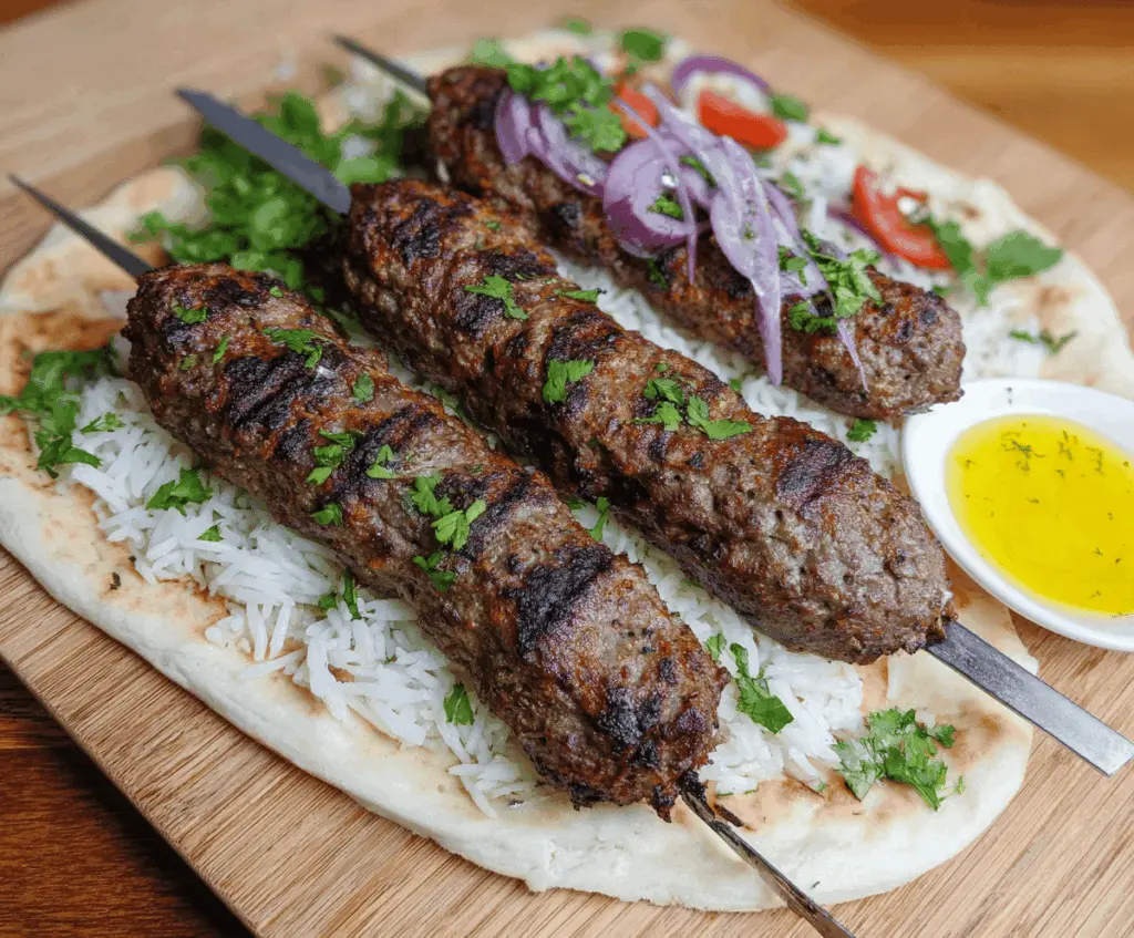 Juicy beef kafta kebabs grilled to perfection, served with fresh herbs and vegetables on a platter.