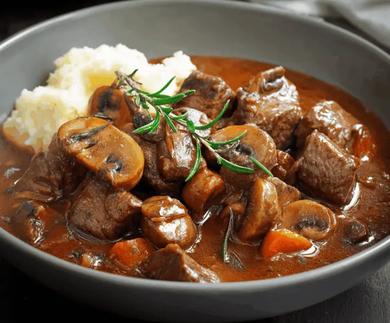 Hearty beef stew with tender mushrooms and vegetables in a rich broth, served in a rustic bowl.