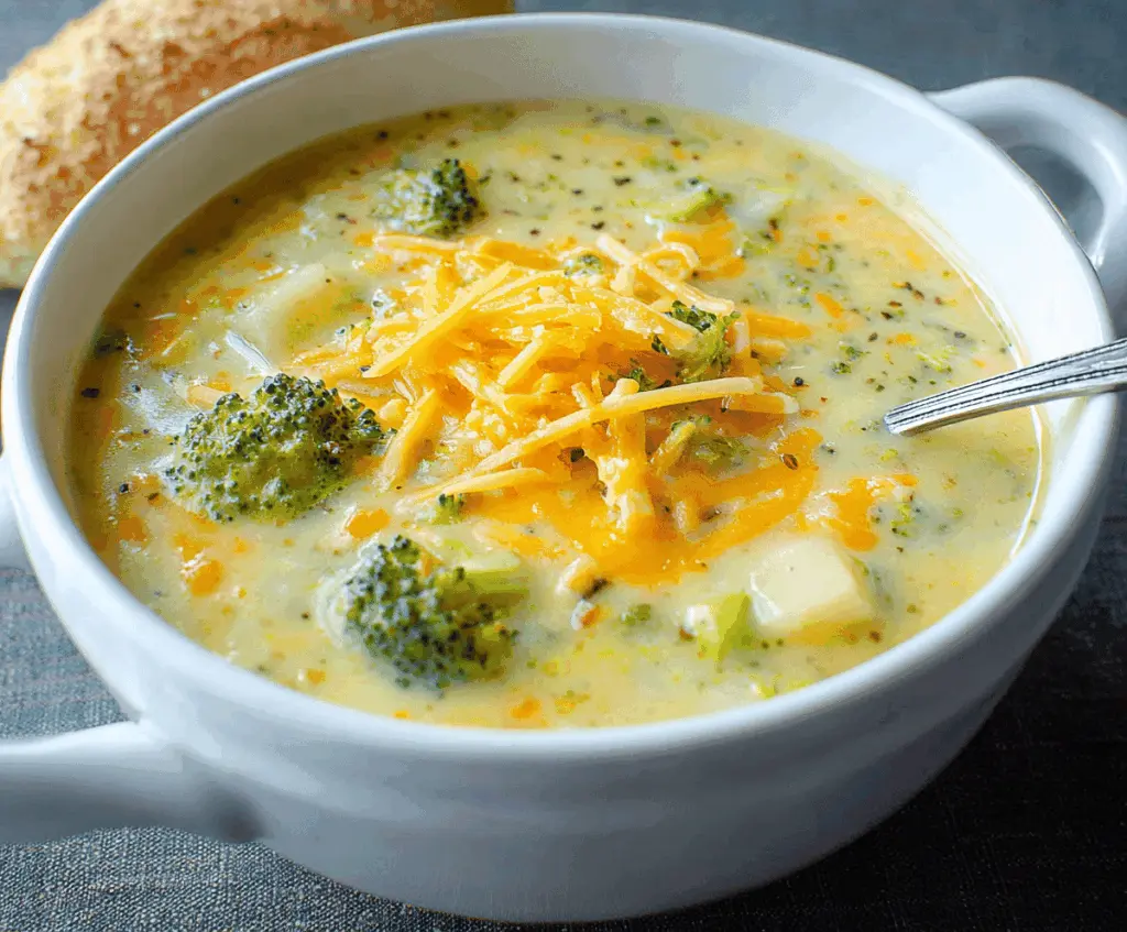 Creamy broccoli, potato, and cheese soup in a bowl, garnished with fresh herbs and served with crusty bread