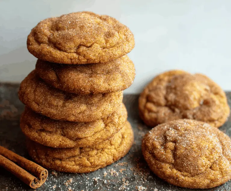 Golden brown Brown Butter Pumpkin Snickerdoodle Cookies topped with cinnamon sugar on a rustic baking tray, perfect for fall baking.