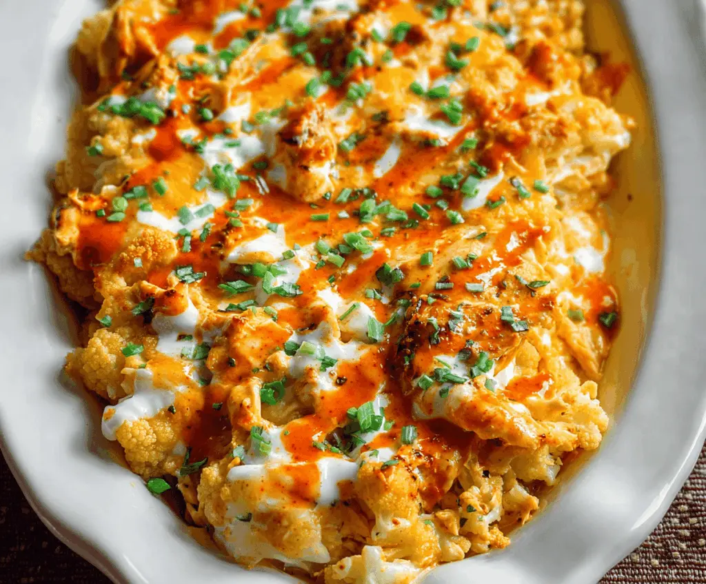 Creamy Buffalo Chicken Cauliflower Casserole topped with melted cheese and fresh herbs, perfect for a spicy low-carb dinner.