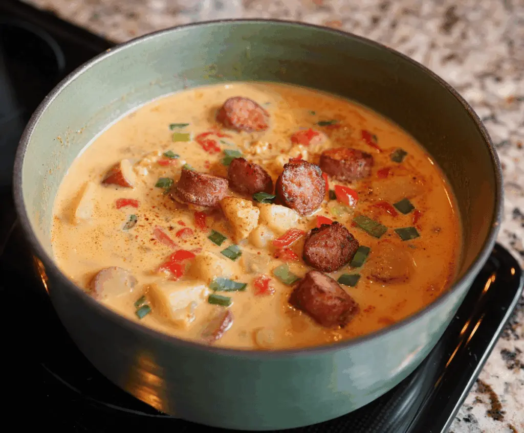 Creamy Cajun Potato Soup in a bowl garnished with fresh herbs, served with bread on a rustic wooden table.