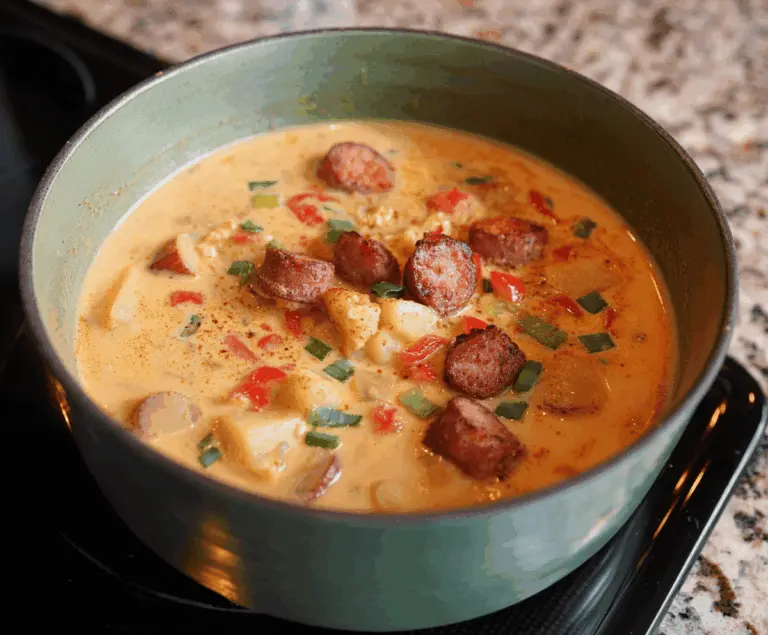 Creamy Cajun Potato Soup in a bowl garnished with fresh herbs, served with bread on a rustic wooden table.