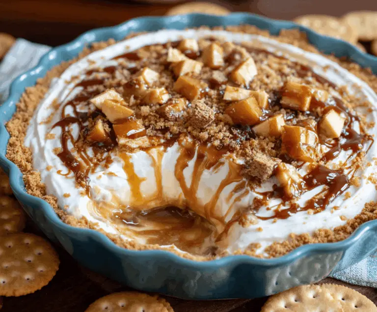 Creamy caramel apple cheesecake dip topped with caramel sauce and apple slices, perfect for fall desserts and party snacks.