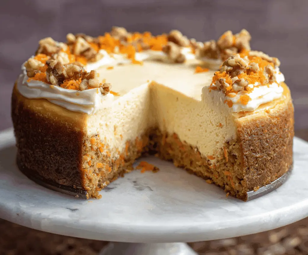 Delicious carrot cake cheesecake topped with cream cheese frosting and garnished with grated carrots and walnuts, served on a decorative plate.