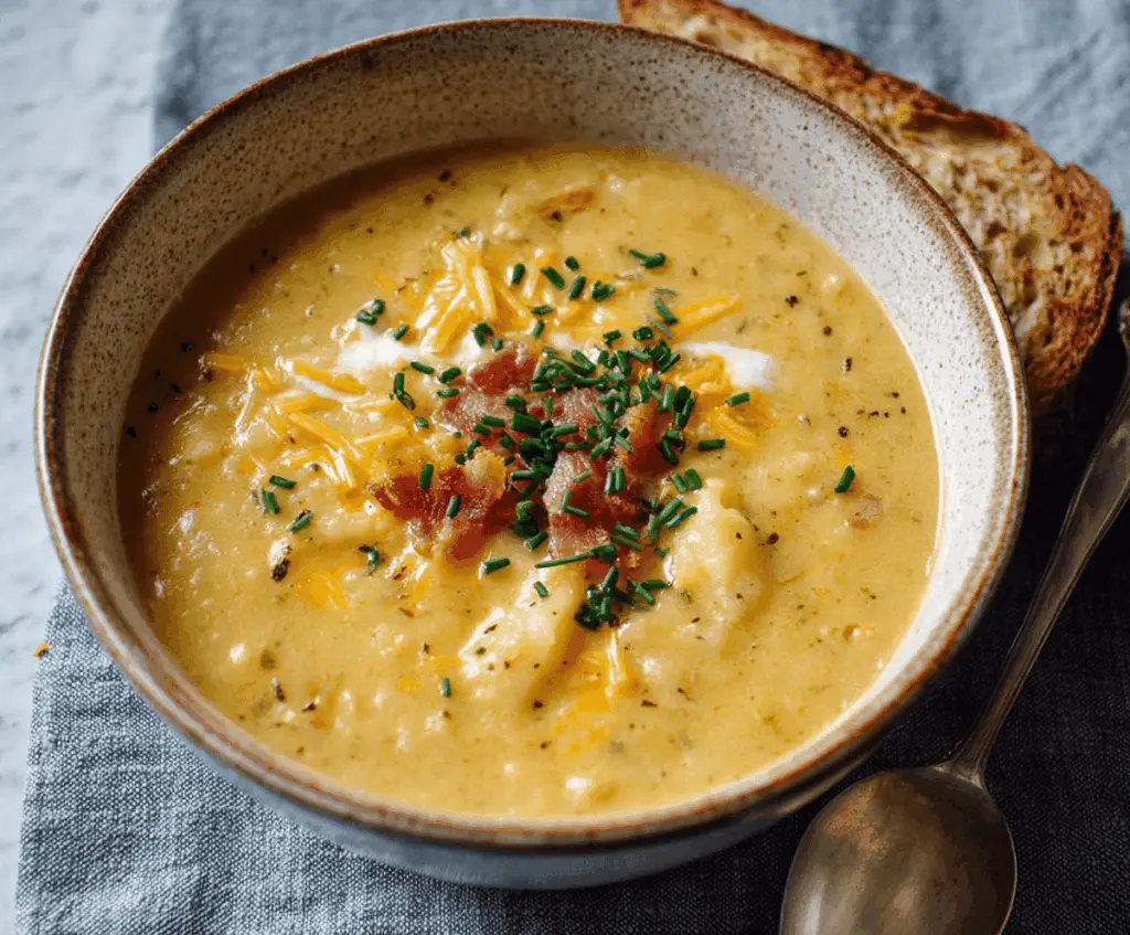 Creamy Cheddar Garlic Herb Potato Soup topped with melted cheese, fresh herbs, and crispy bacon garnishes for a flavorful comfort meal.