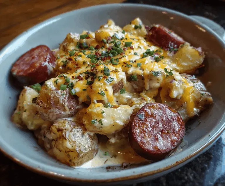 Delicious cheesy ranch potatoes with smoked sausage served on a plate, topped with fresh herbs, perfect for a hearty comfort meal.
