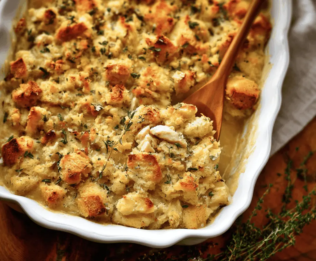 Golden baked chicken and stuffing casserole topped with crispy herbs, served hot on a white plate.