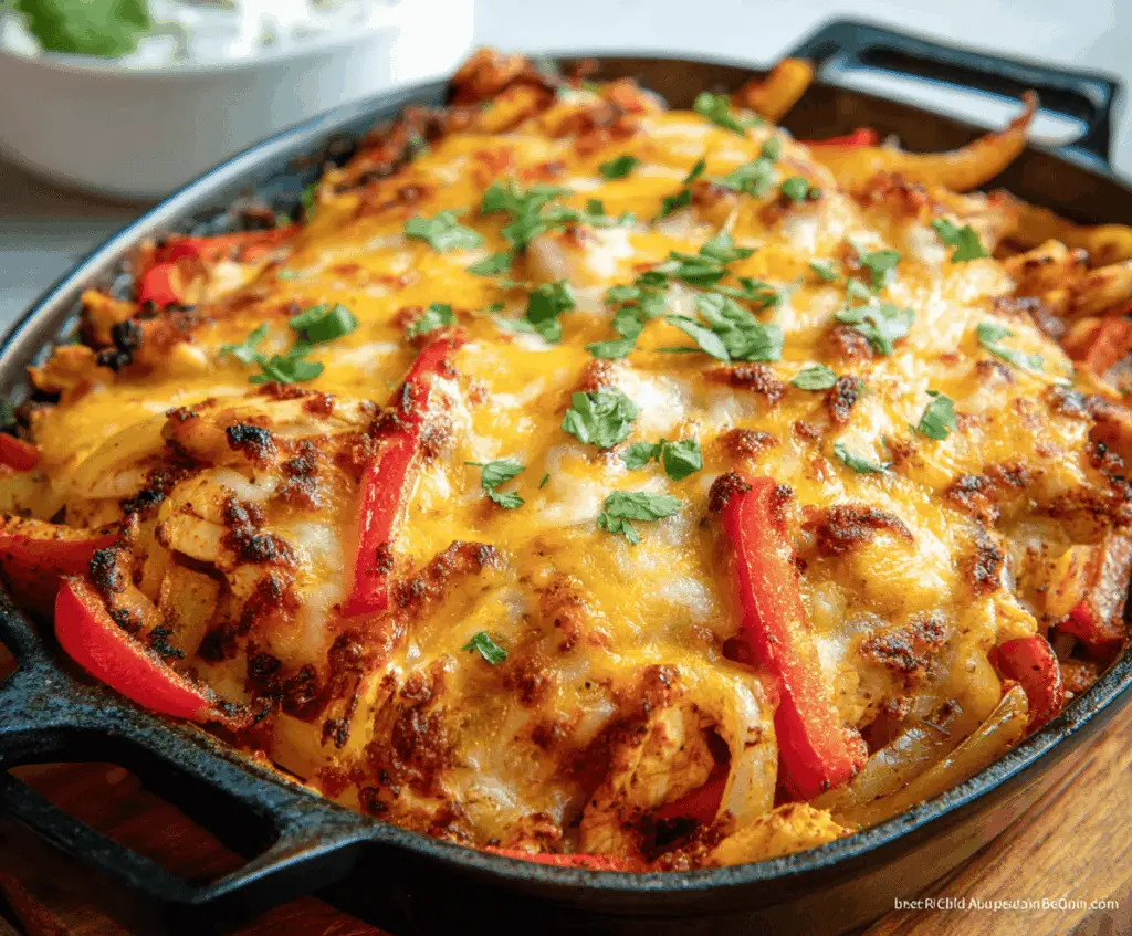 Delicious Chicken Fajita Casserole topped with melted cheese, colorful bell peppers, and seasoned chicken served in a baking dish.