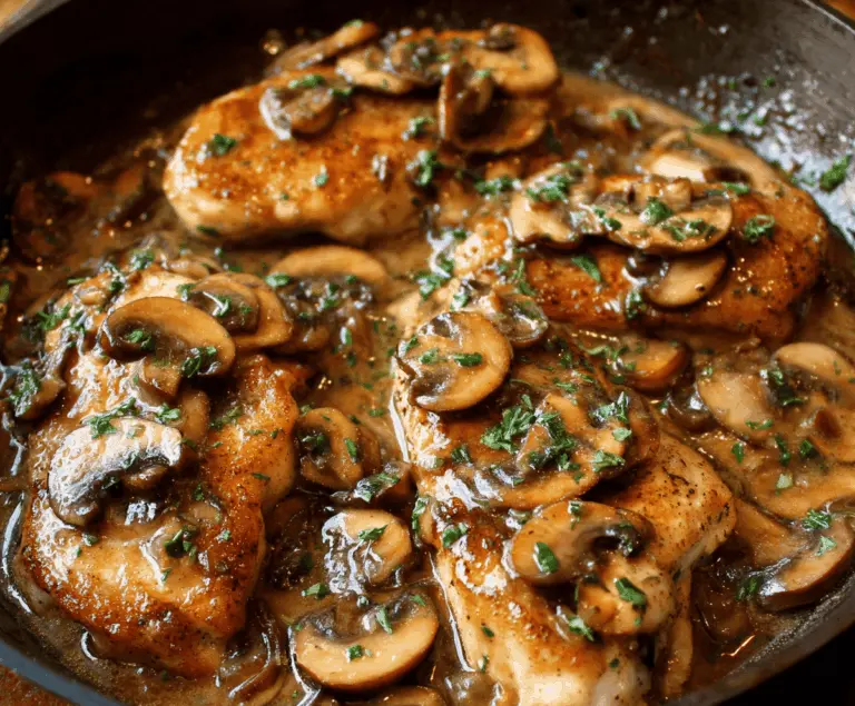 Savory Chicken Marsala served with mushrooms and a rich Marsala wine sauce on a dinner plate