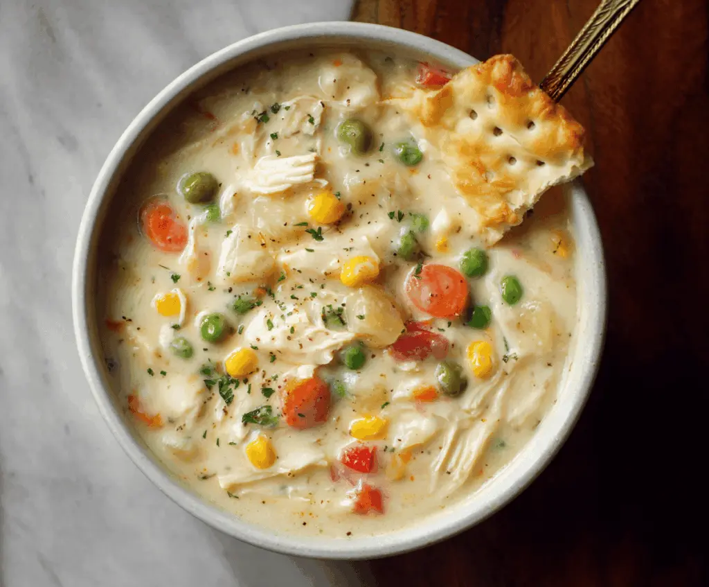 Creamy chicken pot pie soup topped with golden crust and fresh herbs in a rustic bowl, perfect for a comforting meal.