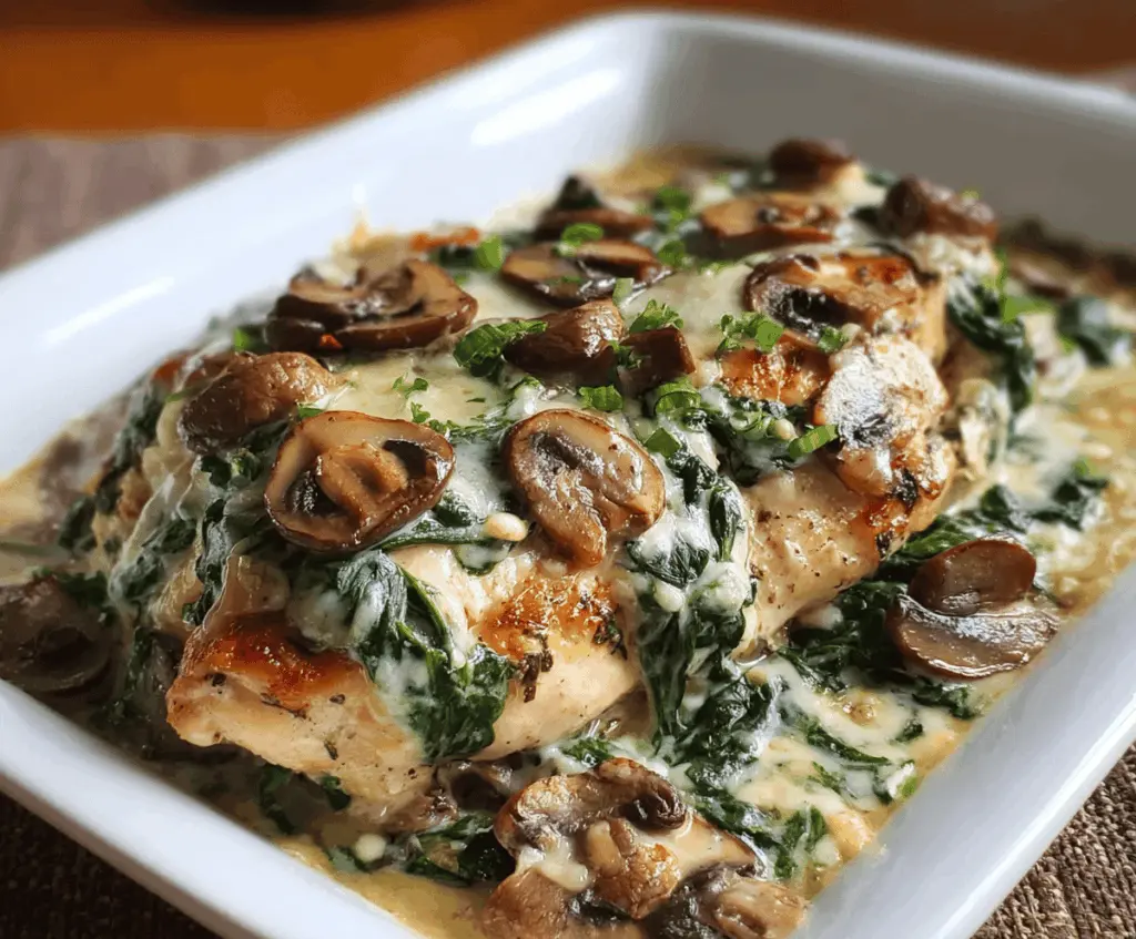 Delicious chicken, spinach, and mushroom low-carb bake served hot on a plate