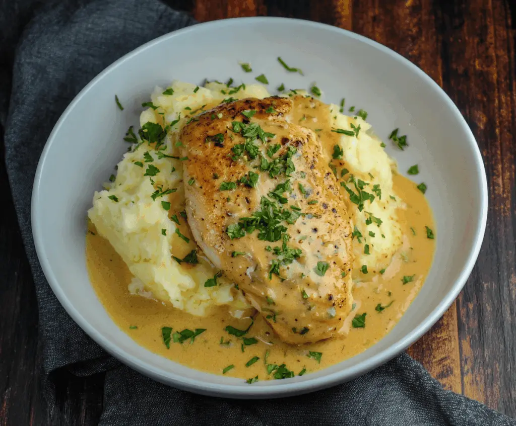 Delicious chicken served with creamy Dijon sauce and fluffy mashed potatoes on a plate