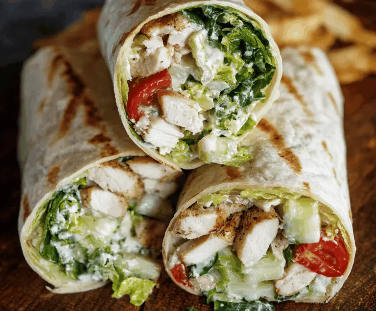 Fresh chopped chicken Caesar salad wrap with crisp lettuce, creamy Caesar dressing, and whole wheat tortilla, ready to enjoy as a healthy lunch option.