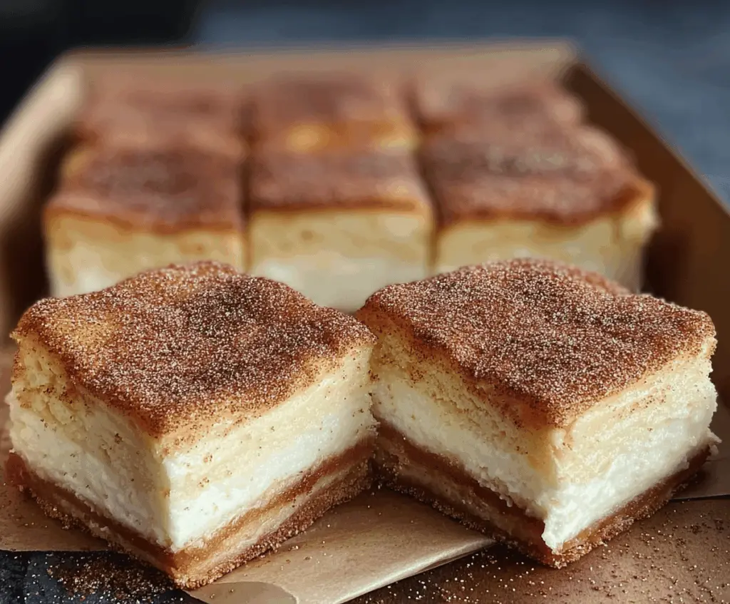Delicious cinnamon churro cheesecake bars topped with cinnamon sugar coating, featuring creamy cheesecake filling on a golden crust, perfect for dessert cravings.