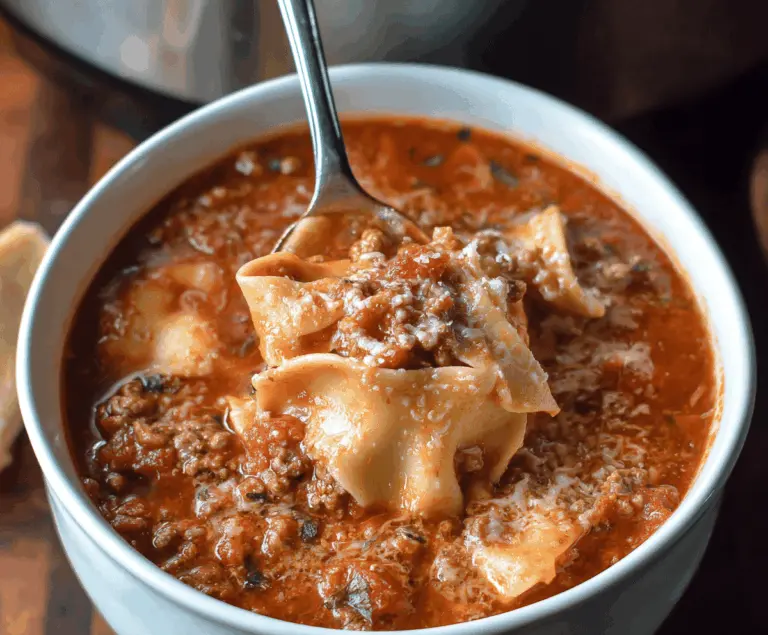 A bowl of steaming classic lasagna soup topped with melted cheese, fresh basil, and grated Parmesan, served with garlic bread on the side.