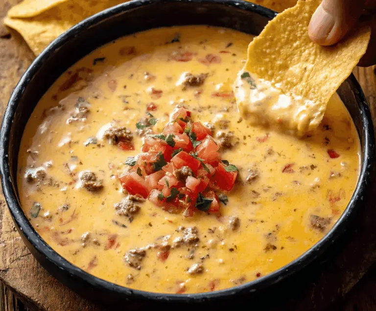 Creamy cowboy queso dip with melted cheese, jalapenos, and seasoned ground beef served with tortilla chips for a flavorful appetizer.