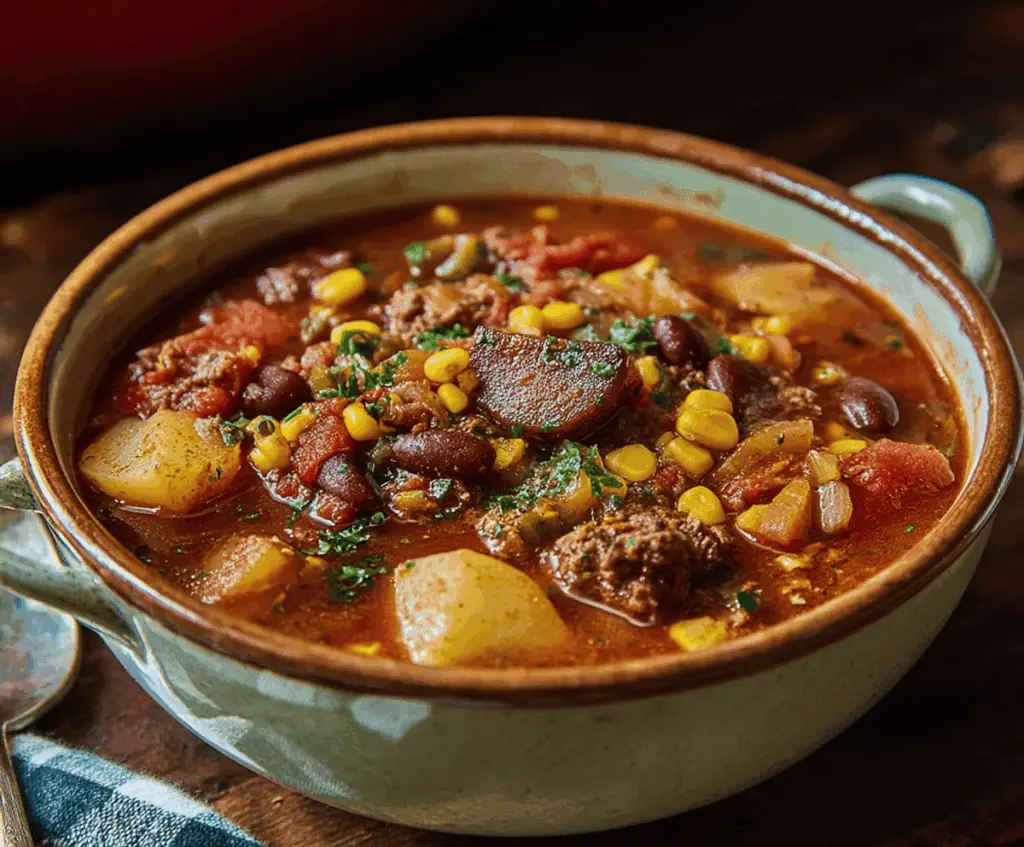 Hearty Cowboy Stew with tender beef, vegetables, and savory spices served in a rustic bowl, perfect for a comforting meal
