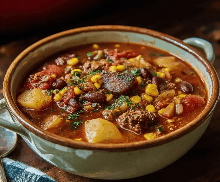Hearty Cowboy Stew with tender beef, vegetables, and savory spices served in a rustic bowl, perfect for a comforting meal