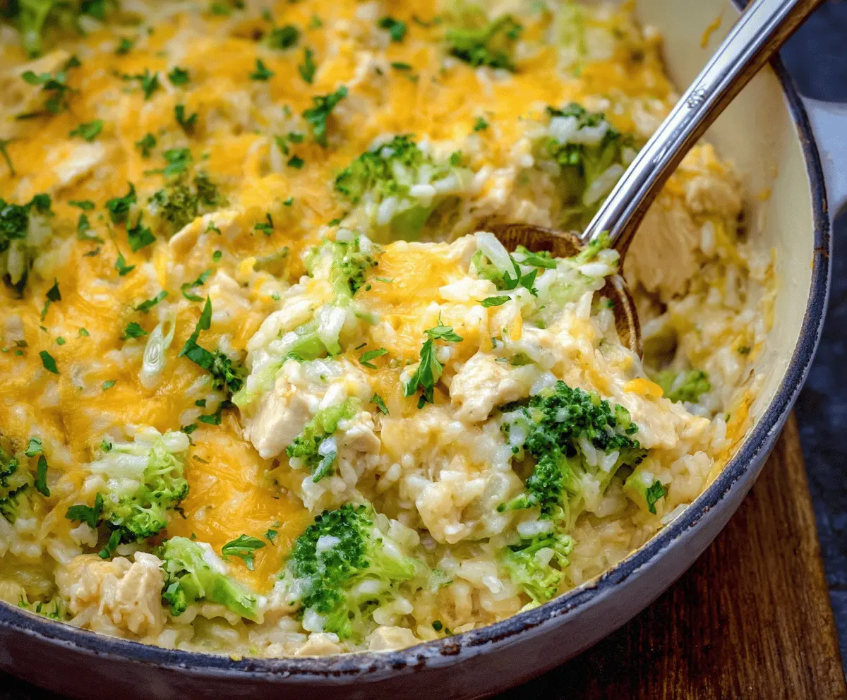 Cheesy Chicken Broccoli Rice Bake Close-up of Creamy Chicken Broccoli Rice Cheese Casserole topped with melted cheese