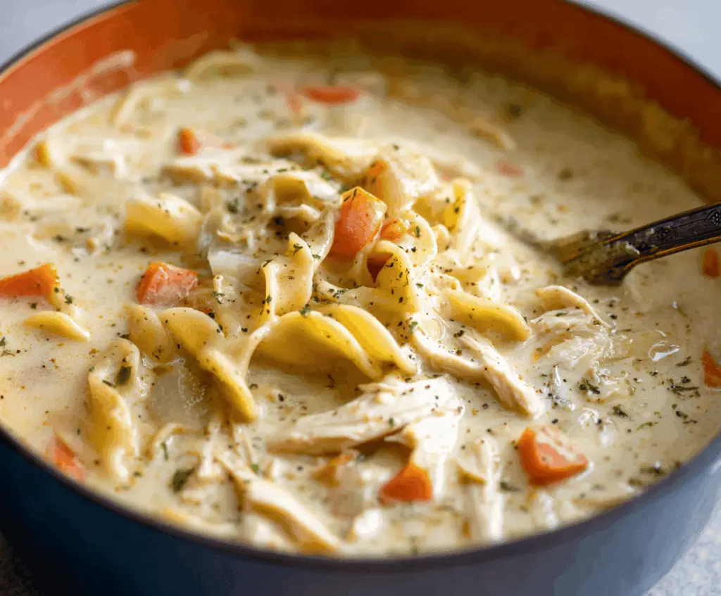 A steaming bowl of creamy chicken noodle soup garnished with fresh herbs, featuring tender chicken, vegetables, and soft noodles in a rich, velvety broth.
