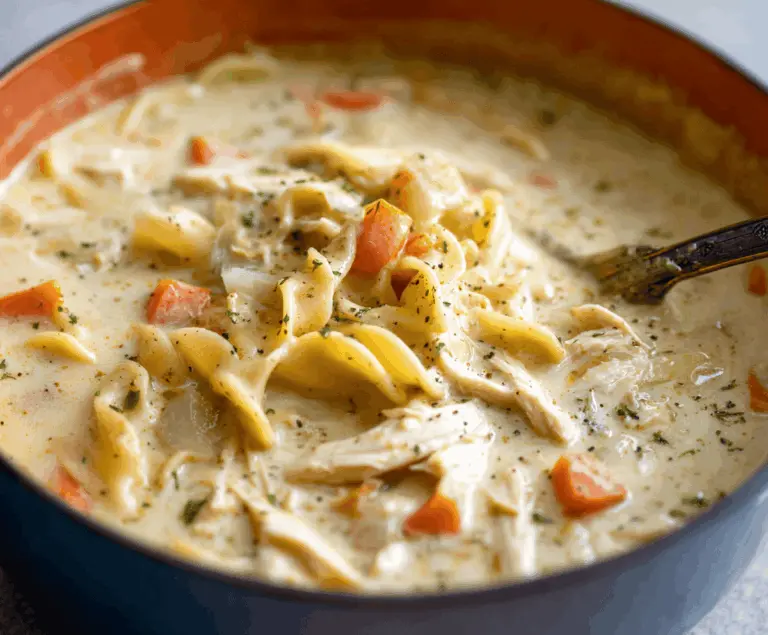A steaming bowl of creamy chicken noodle soup garnished with fresh herbs, featuring tender chicken, vegetables, and soft noodles in a rich, velvety broth.