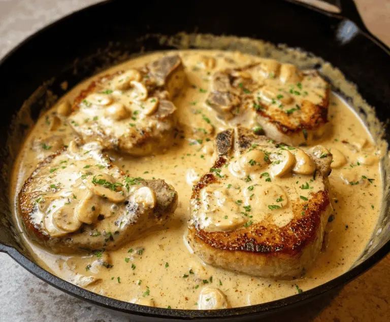 Creamy garlic pork chops served with mashed potatoes and steamed vegetables on a plate, showcasing a delicious and flavorful meal.