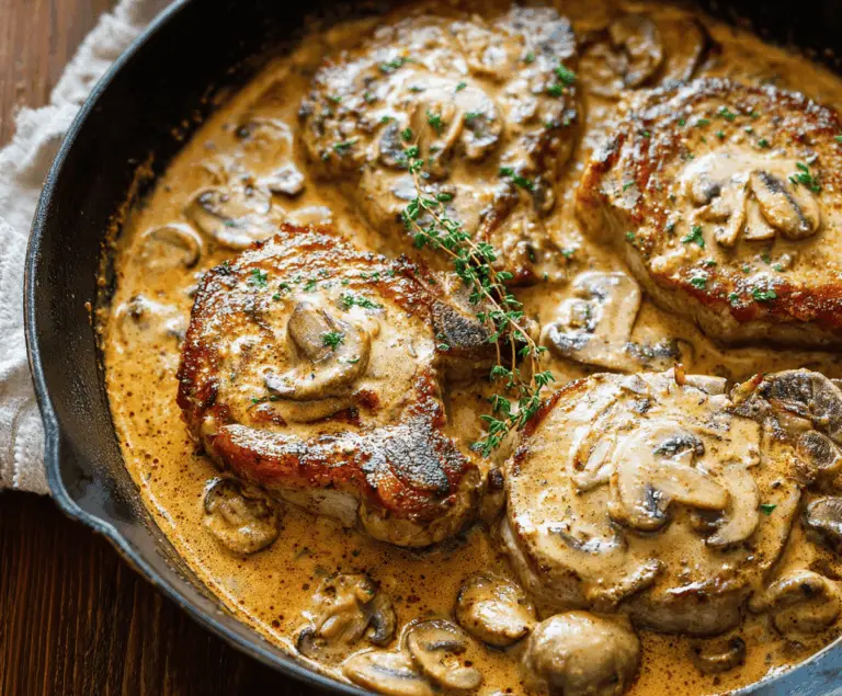 Creamy mushroom sauce pork chops served on a plate with fresh herbs, perfect for a delicious dinner recipe.