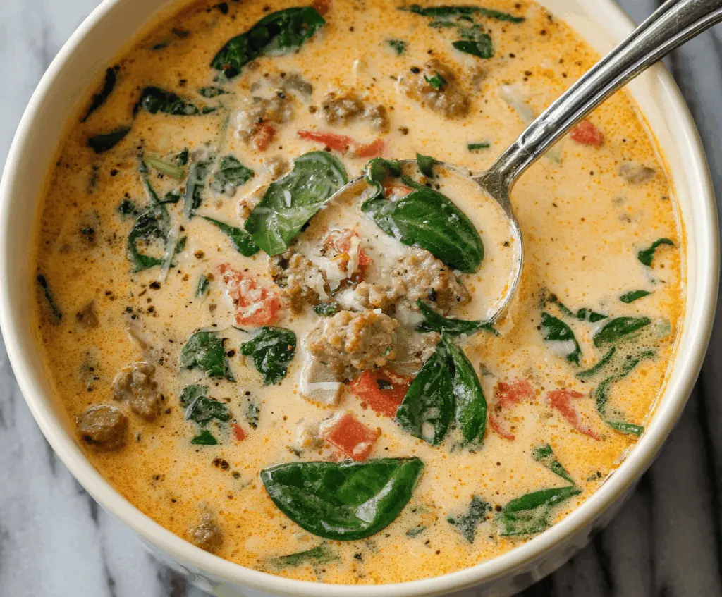 Creamy Parmesan Italian Sausage Soup in a bowl with melted cheese, fresh herbs, and sausage pieces, served hot for a comforting meal.