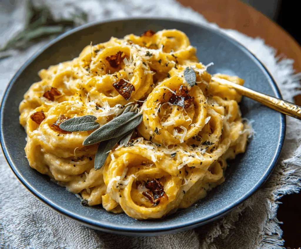 Creamy roasted garlic butternut squash pasta served in a white bowl with fresh herbs and grated cheese, perfect for a comforting vegetarian meal