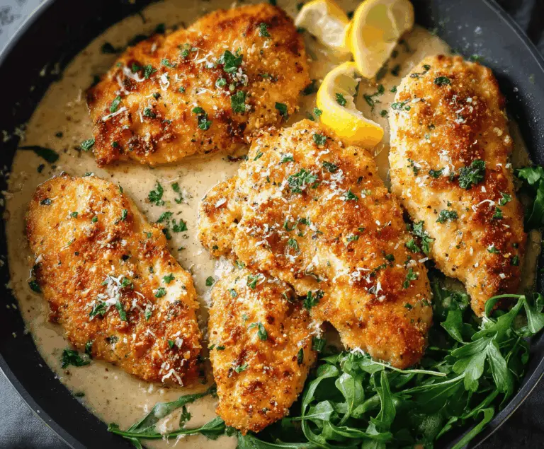Golden-brown Crispy Parmesan Chicken served with fresh herbs on a white plate, showcasing a crunchy coating and melted Parmesan cheese.