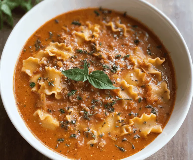 Delicious dairy-free lasagna soup in a bowl with pasta, tomato sauce, and fresh herbs, suitable for dairy-free diets.