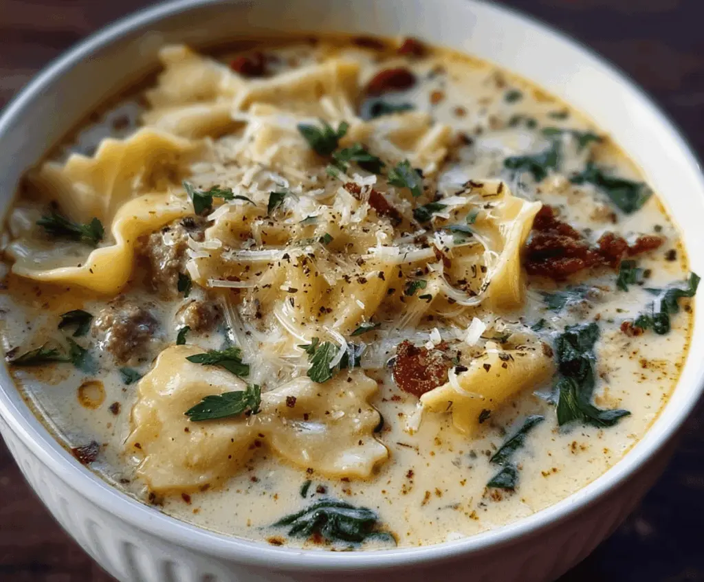 Creamy Alfredo Lasagna Soup topped with melted cheese and fresh herbs in a bowl, featuring layers of rich Alfredo sauce, lasagna noodles, and seasoned ground beef or sausage.