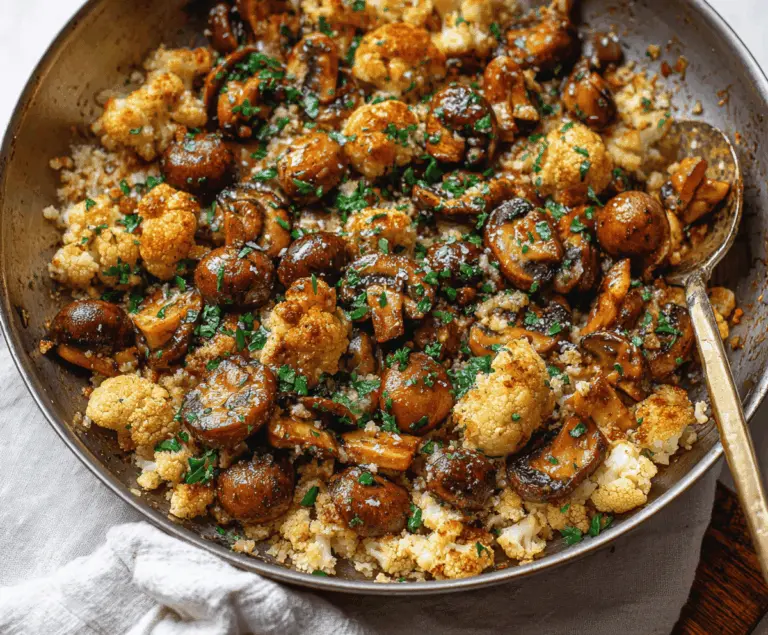 Delicious garlic cauliflower and mushroom skillet served in a skillet with fresh herbs, showcasing a healthy vegetarian dish