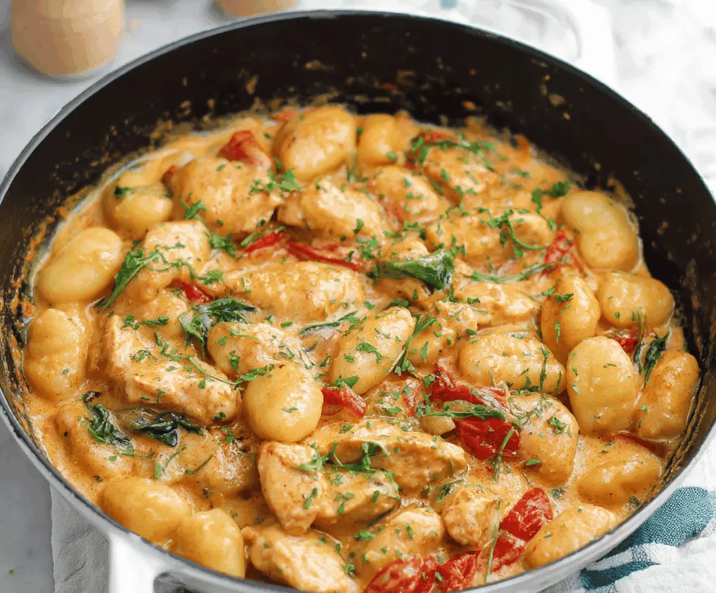 Delicious garlic chicken and gnocchi skillet with fresh herbs and melted cheese, ready to serve