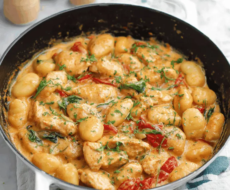 Delicious garlic chicken and gnocchi skillet with fresh herbs and melted cheese, ready to serve