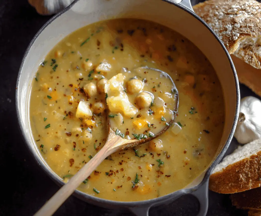 Creamy garlic chickpea soup garnished with fresh herbs in a rustic bowl, perfect for a hearty and healthy meal.