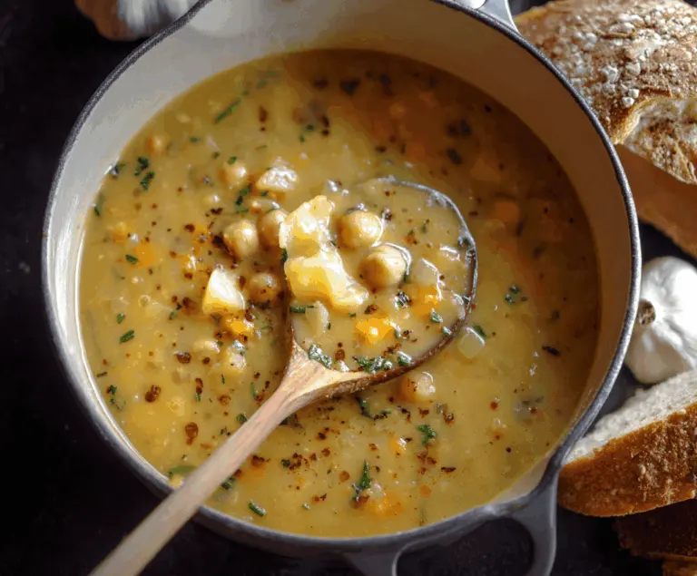 Creamy garlic chickpea soup garnished with fresh herbs in a rustic bowl, perfect for a hearty and healthy meal.