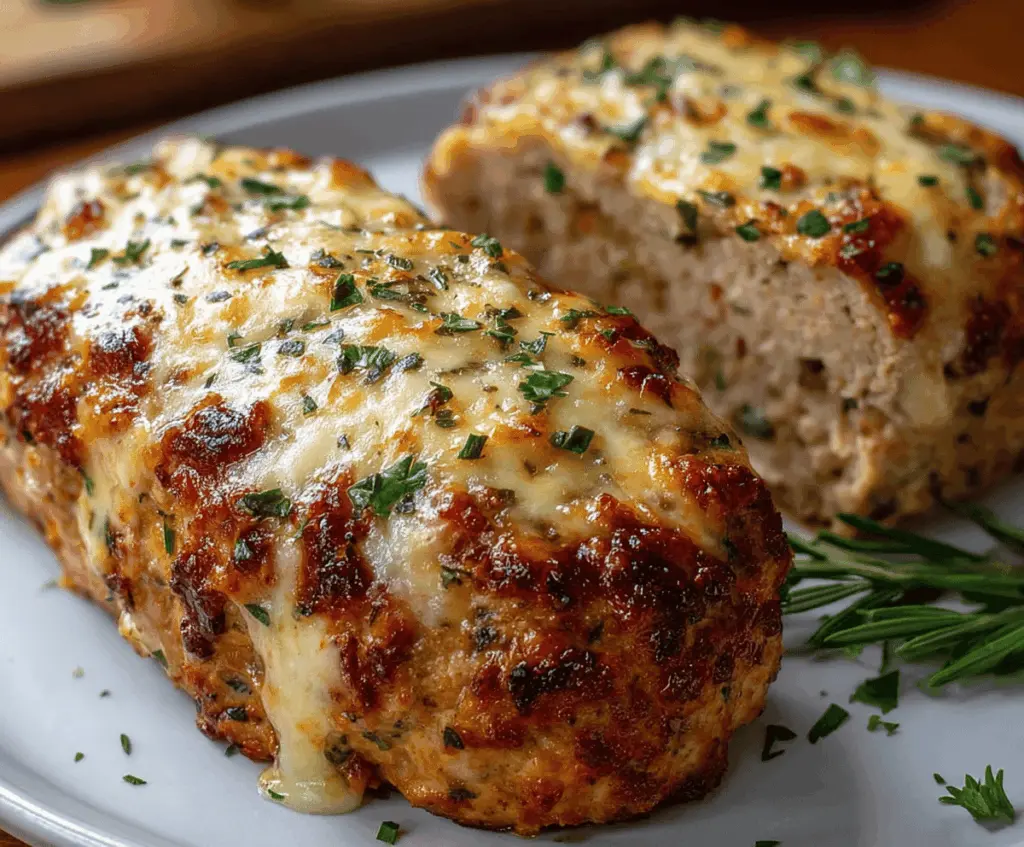 Juicy Garlic Parmesan Chicken Meatloaf topped with melted cheese and fresh herbs on a serving plate.