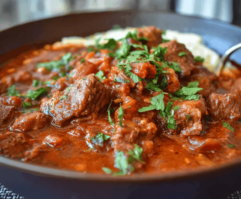 Delicious Greek-style beef stew in rich tomato sauce with herbs and vegetables, served in a bowl