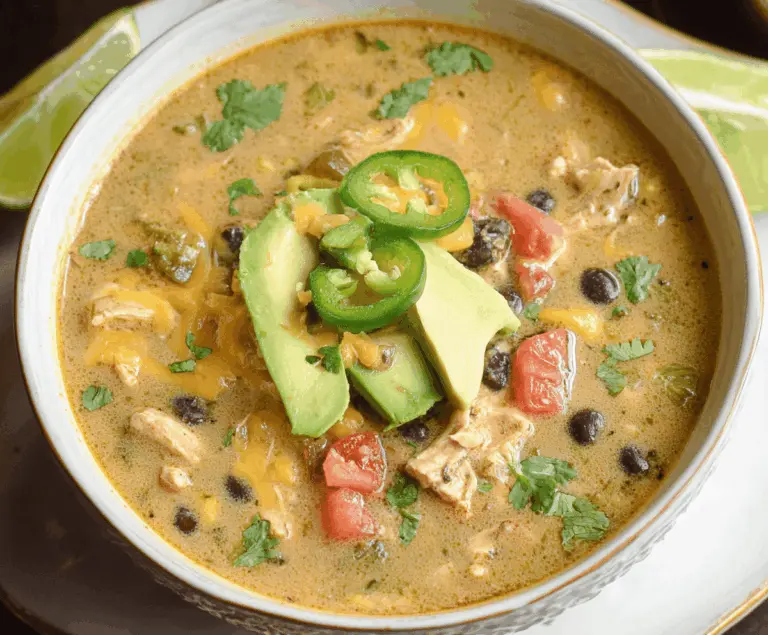 Hearty green enchilada chicken soup with shredded chicken, melted cheese, and fresh cilantro in a bowl ready to serve