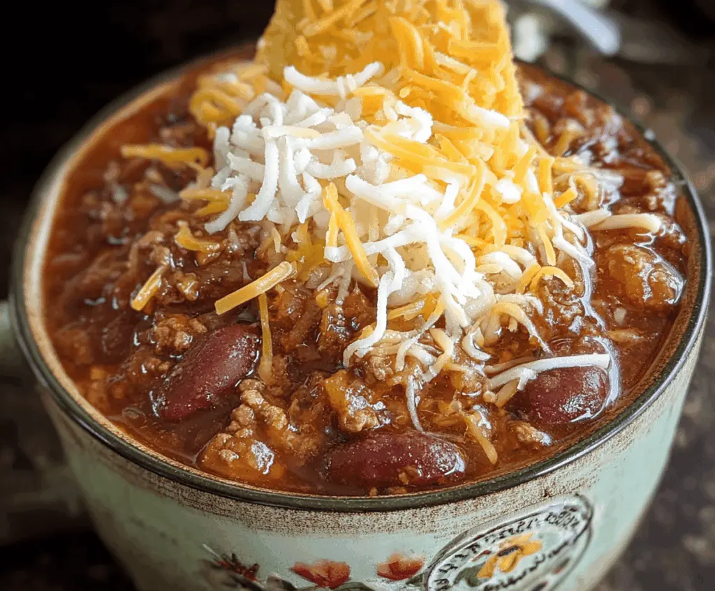 Delicious Ground Beef Hillbilly Chili in a bowl with beans, tomatoes, and spices, served with a spoon on a rustic wooden table
