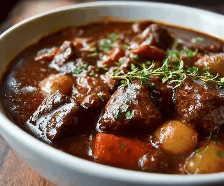 Hearty Guinness Irish Beef Stew with tender beef chunks, vegetables, and rich gravy served in a rustic bowl.