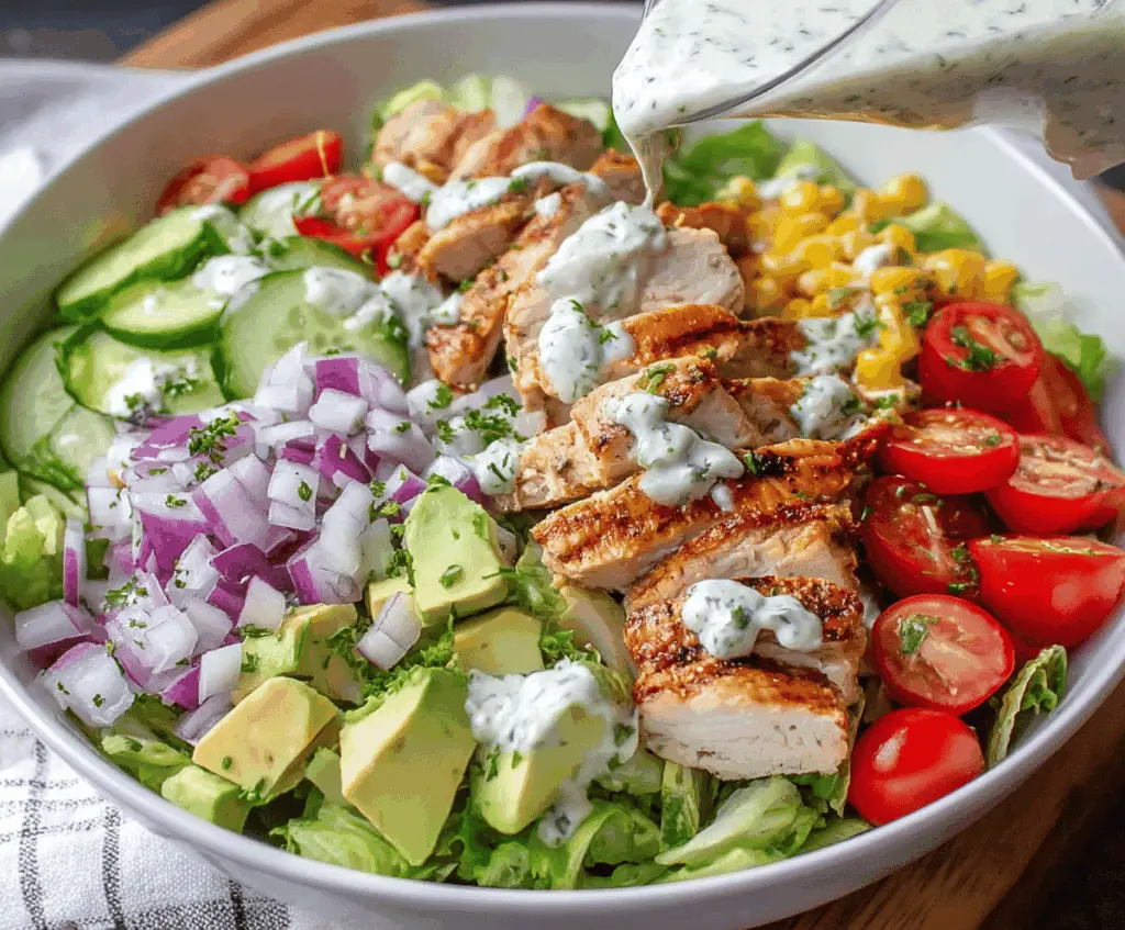 Delicious healthy ranch chicken salad featuring grilled chicken, fresh greens, cherry tomatoes, and a creamy ranch dressing on a plate.